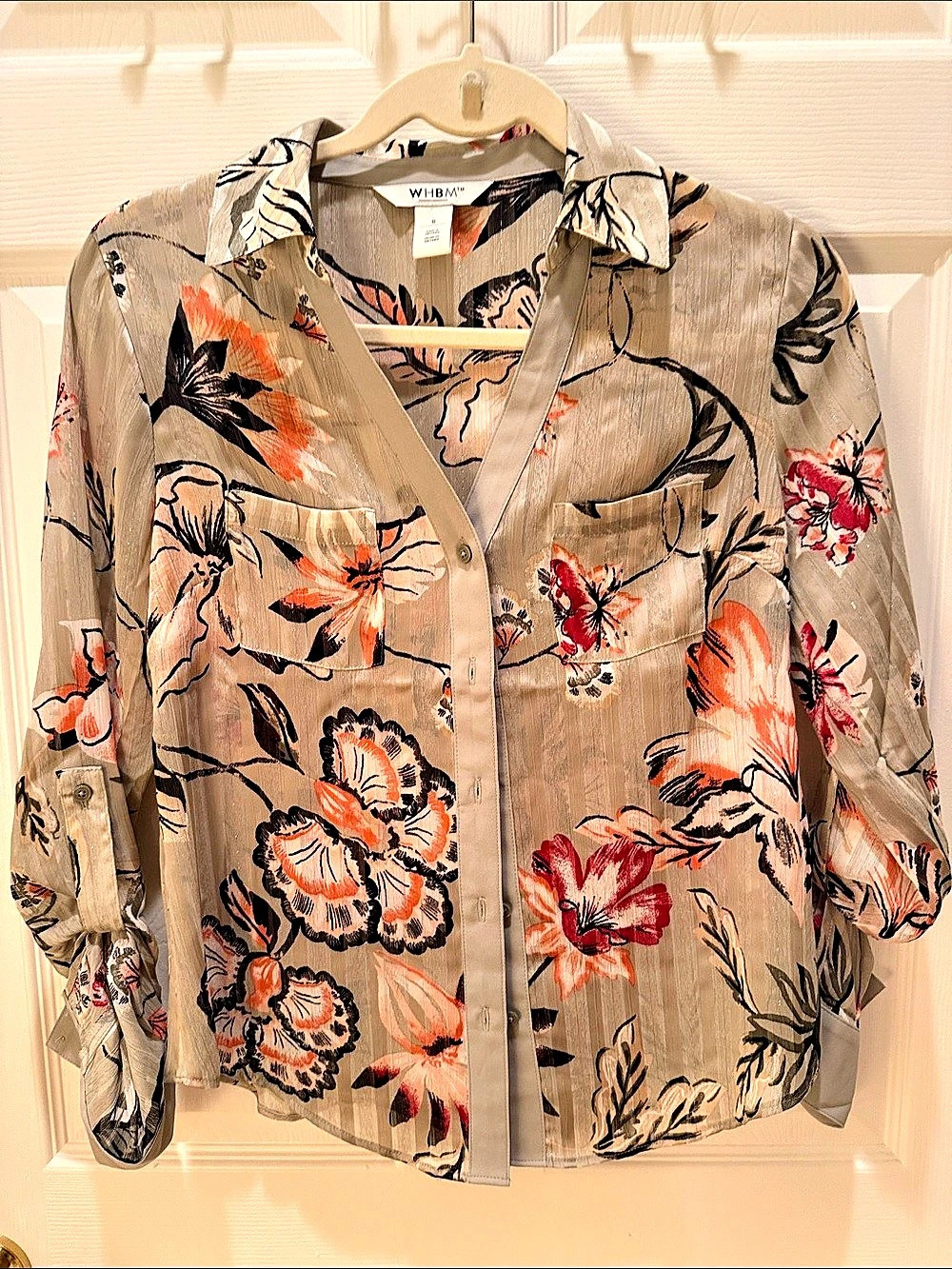 WHBM Floral Button-Down Blouse in Beige & Orange Size XS